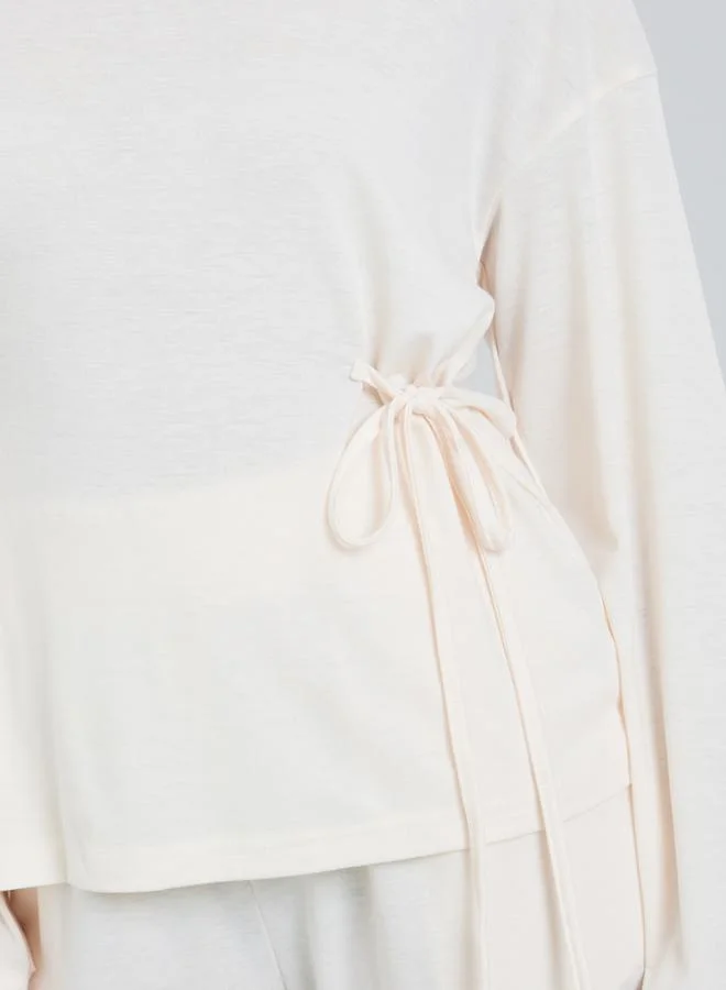 Styli Women Beige Side-Tie Top and Wide Leg Joggers Co-Ords